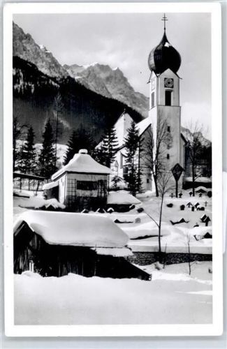 Obergrainau Winter- Karte, Kirche und Zugspitze