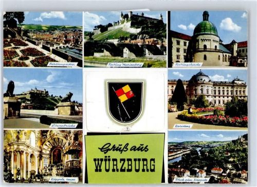 Würzburg Leporello, Fürstengarten, Festung Marienberg, Löwenbrücke, Käppele, Residenz, Festungskirche, Wappen