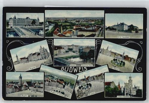 Ceske Budejovice Justizpalast, K.K. Tabakfabrik, Ringplatz, Museum, Deutsches Haus, Rathaus, Kirche, Schloß Frauenberg