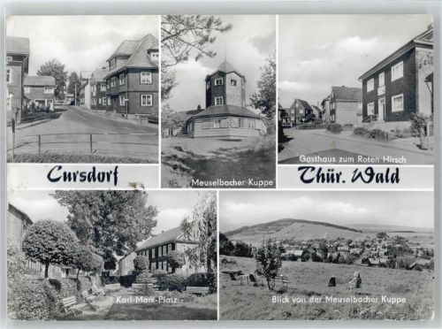 98744 O6421 Cursdorf - Meuselbacher Kuppe, Karl-Marx-Platz,Blick von der Meuselbacher Kuppe, Gasthaus zum Roten Hirsch