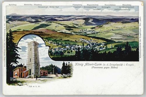 Grünhain-Beierfeld König-Albert-Turm auf dem Spiegelwald mit Gebirgs-Panorama