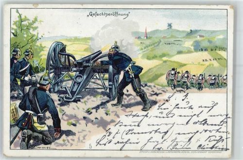 Gefechtseröffnung , sign.Zimmer Militär Humor WK I Lithographie