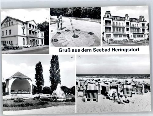 17419 O2251 Seebad Heringsdorf - Hotel Stadt Berlin, Sonnenuhr, FDGB-Erholungsheim Guiseppe di Vittorio, Konzertplatz, Strand AKU2