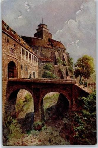 Neustadt Burg Breuberg Brückenübergang mit Blick auf die obere Burg