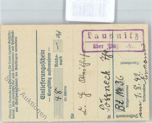 Lausnitz Landpoststempel Einlieferungsschein
