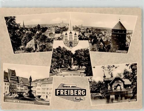 Freiberg Donatsturm Wappen Springbrunnen im Scheringerpark Obermarkt Brunnendenkmal Schwanschlößchen