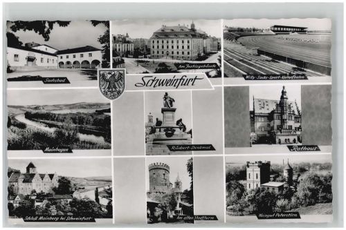 97421 W8720 Schweinfurt - Rückert Denkmal Rathaus Stadtturm Mainbogen Justizgebäude Schwimmbad Willy Sachs Sport Kampfbahn