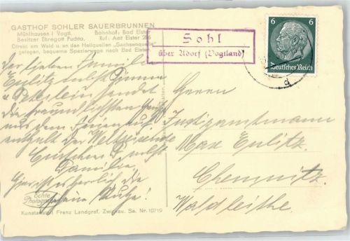 08645 O9931 Sohl b Adorf, Vogtl - Landpoststempel Gasth Sohler Sauerbrunnen