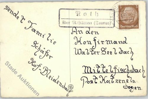 Roth Landpoststempel über Nastätten Konfirmation