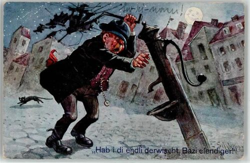 Betrunkener Mann Humor Katze Schlemo, E. Künstlerkarte