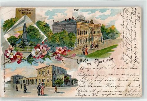 Pforzheim 1904 Kaiser Wilhelm Denkmal Bahnhof Postamt