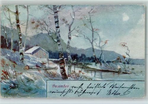 1905 Winter Birke Haus Dämmerung sign.