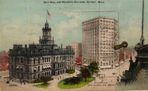 Detroit Detroid (USA) Leporello auf Holz City Hall und Majestic Building II (Ecken abgestossen, kleiner Einriss RS, Stauchungen)