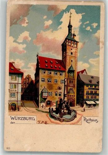 Würzburg Rathaus Brunnen sign. Lithographie