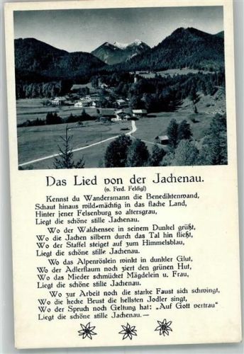 Jachenau Panorama des Ortes Text von Das Lied von der Jachenau von Feldigl Hüttenstempel Kesselberg