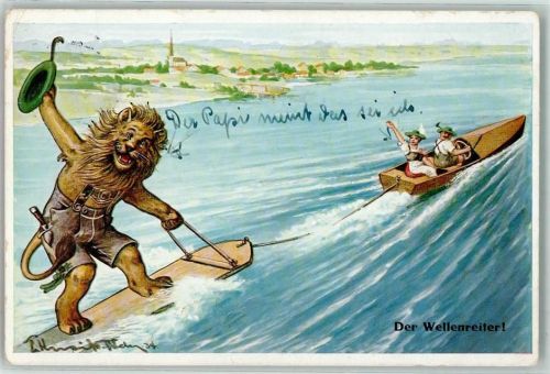 Wasserski Surfen Löwe vermenschlicht AK Wassersport 1934 Künstlerkarte