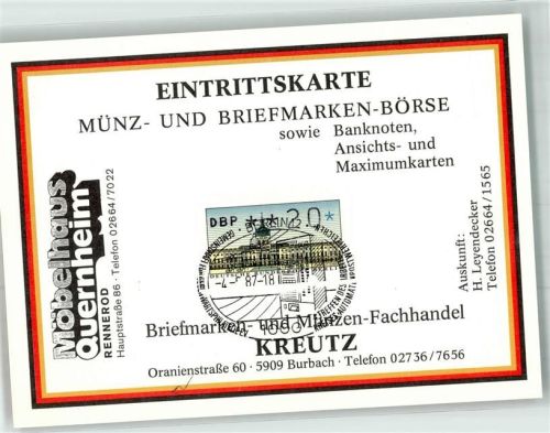 Burbach Eintrittskarte Münz- und Briemarken-Börse Kreutz Sonderstempel