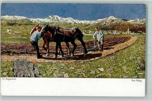 Am Pflug sign. Segantini Pferdepflug Mann Berge Fels Serie Bruckmann No. 25