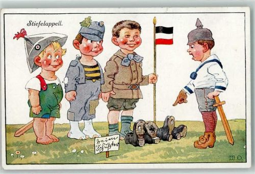 Stiefelappell Kinder Schwarz-Weiß-Rot Fahne Mütze Pickelhaube Schwert sign. W.D.