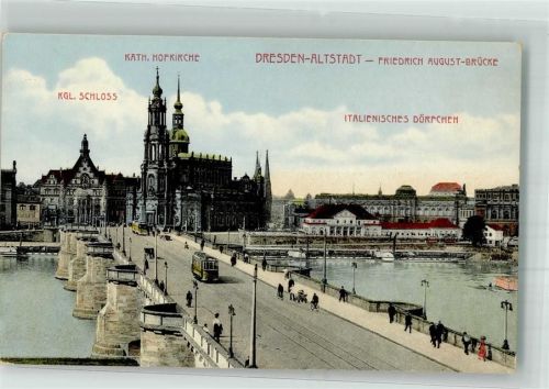 Dresden Königliches Schloss Hofkirche Italienisches Dörfchen und Friedrich-August-Brücke Raddampfer Straßenbahn Verlag Alfred Hartmann 188