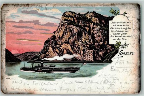 1904 Felsen Rhein Dampfschiff Sonnenuntergang