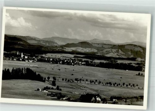 Isny Panorama des Ortes mit St. Nikolaus Kirche und den Alpen Ort handschriftlich