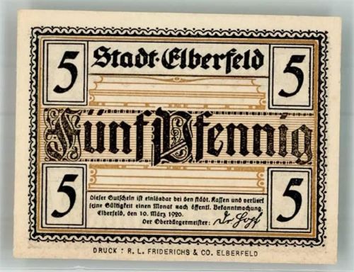Elberfeld 1920 Gutschein über 5 Pfennig