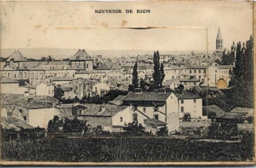 Riom Riom (Frankreich) Leporello auf Holz, Gesamtansicht II- (Leporello-Verschluss fehlt, fleckig VS/RS)