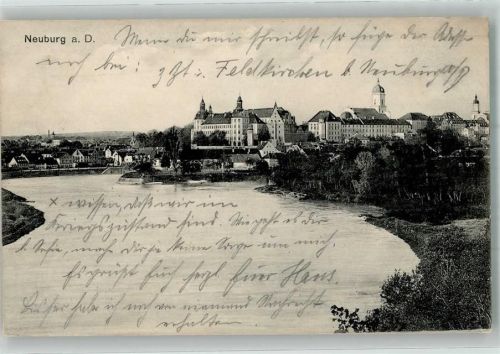 Neuburg 1914 Panorama des Ortes mit Schloss Pfarrkirche St. Peter und Hofkirche Verlag Lehrburger 18183 Feldpost WK I