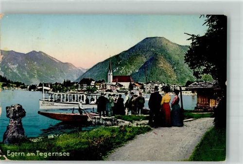 Rottach-Egern 1921 Dampferanlegestelle mit Kirche St. Laurentius Fahrgstschiff Quirings Fotograf Landes