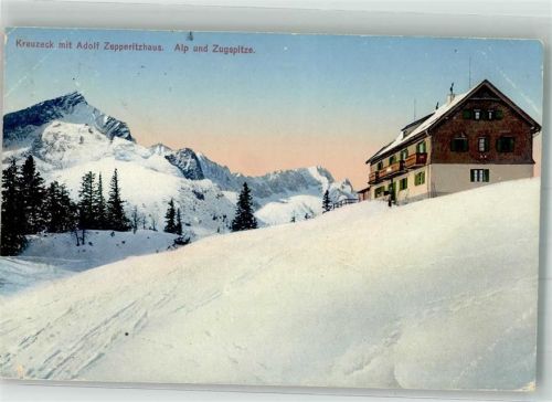 Kreuzeckhaus 1913 Berghütte mit Alp und Zugspitze Verlag Herpich 2113 Hüttenstempel Adolf-Zoeppritz-Haus