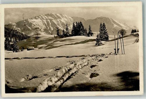 Unterjoch Skigelände Iseler Wintersportplatz Allgäuer Alpen Winter Schnee Ski Stöcke