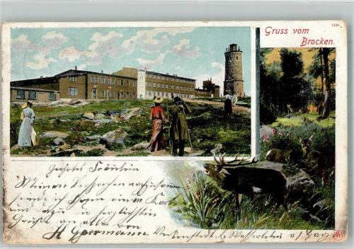 Brocken 1905 Brockenturm mit Brockenhotel und röhrendem Hirsch