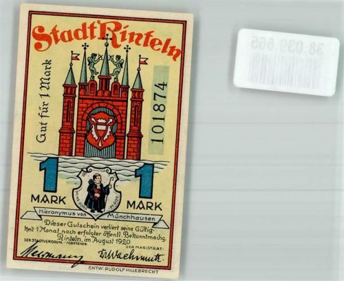 Rinteln 1920 1 Mark Stadtwappen Rückseite Münchhausen im Sumpf