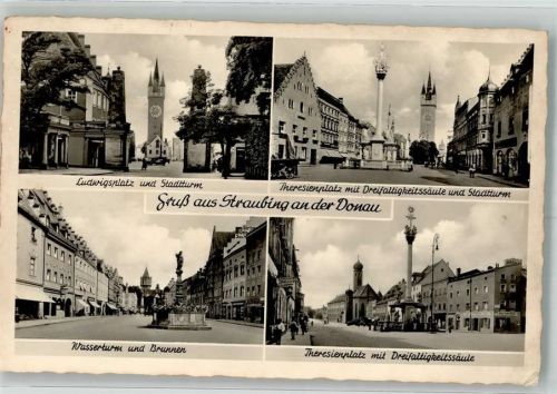 Straubing 1952 Ludwigsplatz Stadtturm Denkmal Dreifaltigkeitssäule The1 Notopfermarke Berlinresienplatz