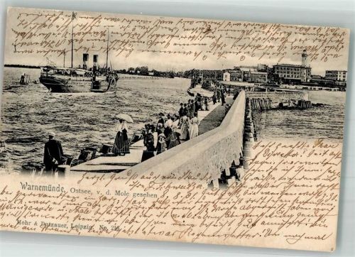 Warnemünde 1901 Mole mit Leuchtturm und Dampfer