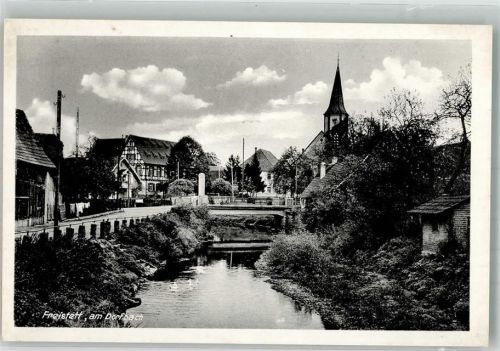 Freistett Am Dorfbach mit Kirche St. Georg Verlag Kurt Görtz Nr. 2570