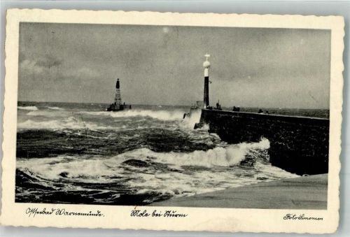 18055 O2540 Warnemünde 1935 Foto AK Leuchtturm Mole Foto Simonsen