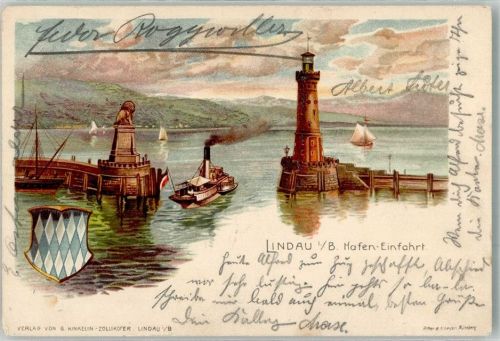 Lindau 1901 Hafen Einfahrt Löwe Leuchtturm Segelboot Raddampfer Fahne Schwarz-Weiß-Rot Wappen Blau Weiß Lithographie
