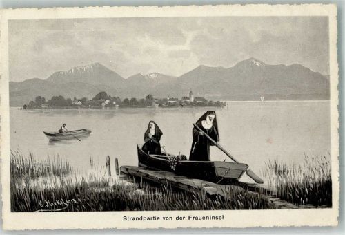 Frauenchiemsee Strandpartie Fraueninsel Ruderboot Nonnen Kloster sign. Merkel