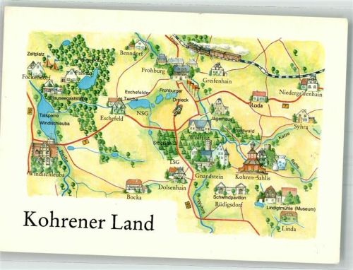 Kohren-Sahlis sign. Graichen Stilisierte Landkarte des Kohrener Landes mit Sehenswürdigkeiten VEB Bild und Heimat