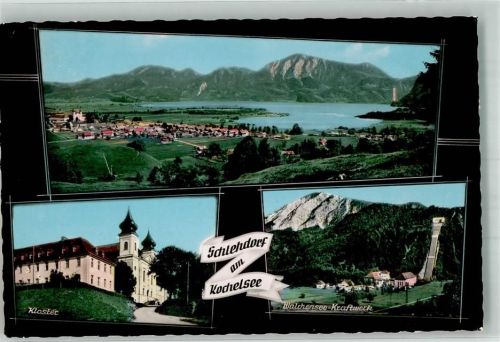 Schlehdorf Panorama des Ortes am Kochelsee mit Kloster Walchensee-Kraftwerk Verlag Peter Triem