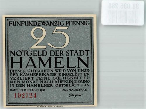 31785 W3250 Hameln 1921 Notgeldschein 25 Pfennig Siebenlinge Gedenkstein