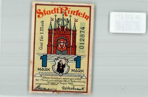 Rinteln 1920 1 Mark Stadtwappen Rückseite Münchhausen im Sumpf