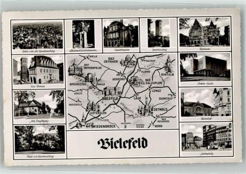 Bielefeld Die Brücke Stadthaus Sparrenburg Leineweberbrunnen Stadttheater Rathaus Oetker-Halle Bahnhof Jahnplatz Landkarte