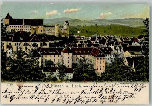 Füssen 1904 Panorama des Ortes mit Hohem Schloss und Kirche St. Mang
