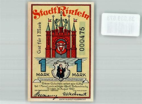 Rinteln 1920 1 Mark Stadtwappen Rückseite Münchhausen im Sumpf