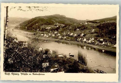Pötzscha Panorama des Ortes an der Elbe mit Rauensteinen
