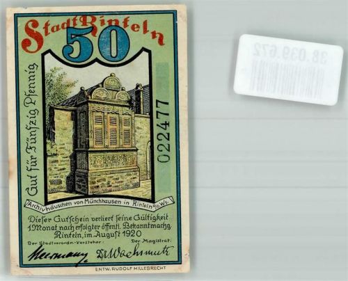 Rinteln 1920 50 Pfennig Archivhäuschen von Münchhausen Rückseite Ritt auf der Kanonenkugel