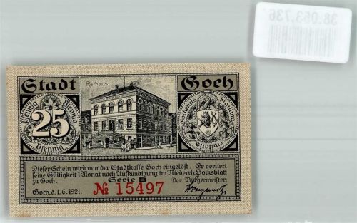 Goch 1921 Gutschein über 25 Pfennig Steintor Rathaus Haus zu den fünf Ringen